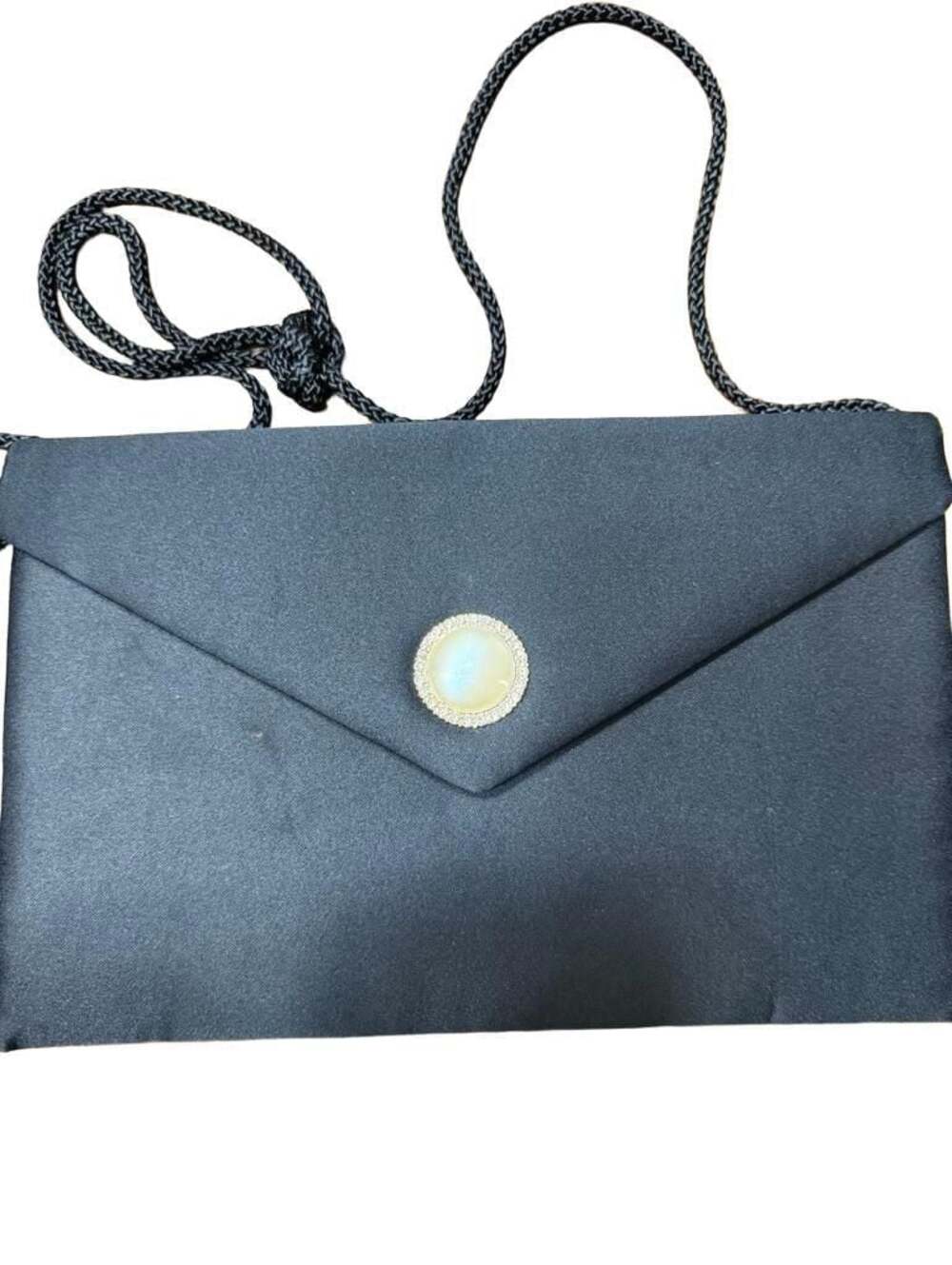 Caryatid Night Black Satin Envelope Evening Bag with Rhinestone Pearl Clasp
